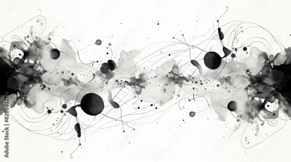 Poster abstract black and white ink splatter on white background, blending artistic patterns with fluid sha