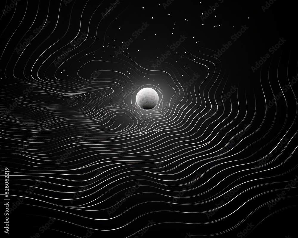 Poster abstract black and white background with wavy lines and dots, featuring a glowing orb in the center,