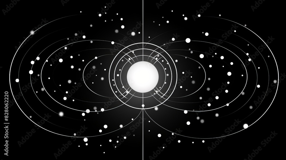 Poster abstract black and white geometric design with symmetrical lines and dots radiating from a central p