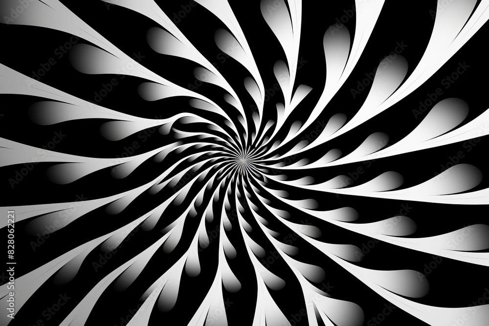 Poster abstract black and white spiral pattern creating an optical illusion with curved shapes and dynamic 