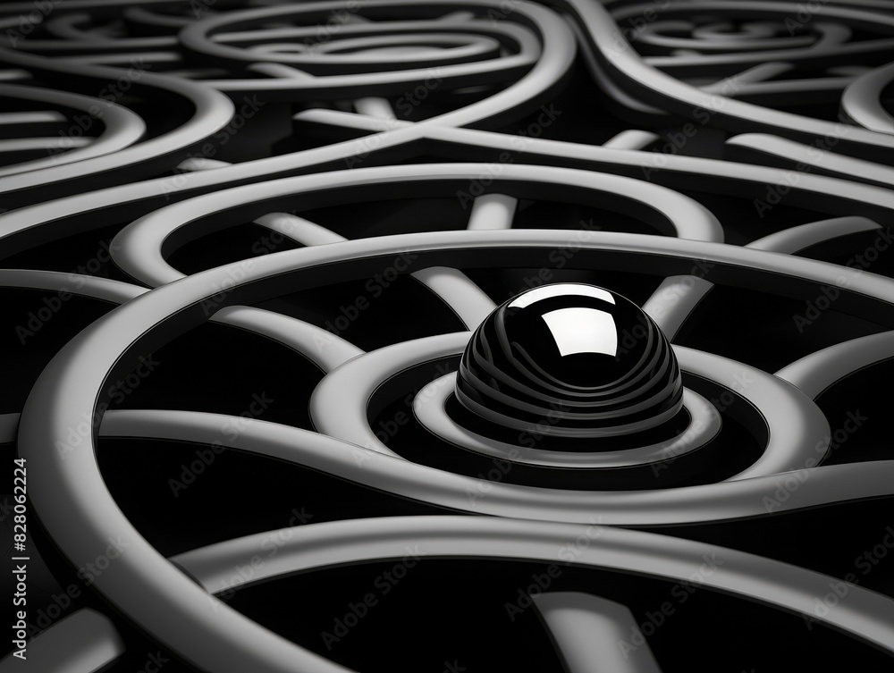 Poster abstract black and white pattern with glossy sphere. geometric design featuring curved lines and ref