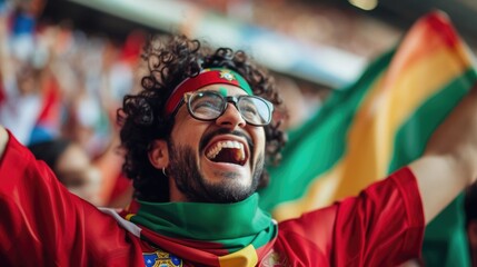 A fan wearing a hat joyfully shouts and waves the Portuguese flag in the stadium among the...