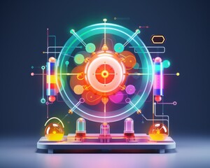 Abstract futuristic technology concept with glowing geometric shapes and vibrant colors, representing innovation and digital advancement.