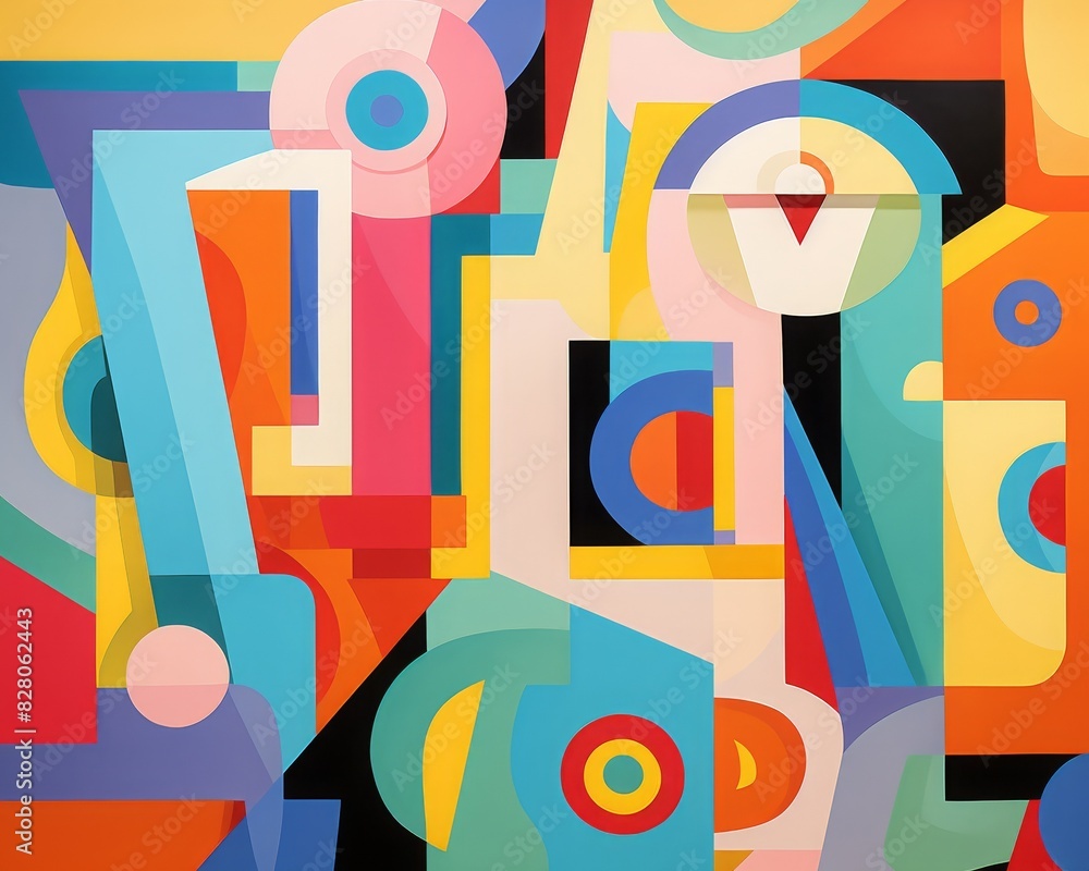 Poster colorful abstract geometric shapes in modern art style with overlapping squares, circles, and lines