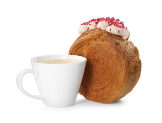 Round croissant with cream and cup of coffee isolated on white. Tasty puff pastry