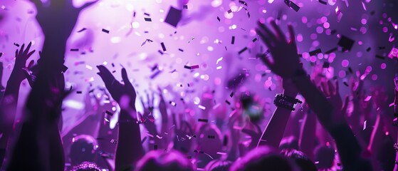 People dancing purple lights. A Close-Up Portrait of a Nightclub Dance Floor, Where Purple Lights, Flying Confetti, and Raised Hands Paint a Picture of Unbridled Celebration
