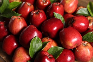 Fresh ripe red apples with leaves as background, closeup