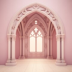 Obraz premium Elegant pink Gothic-style architectural interior with intricate arches, columns, and a large window, showcasing beautiful design and craftsmanship.