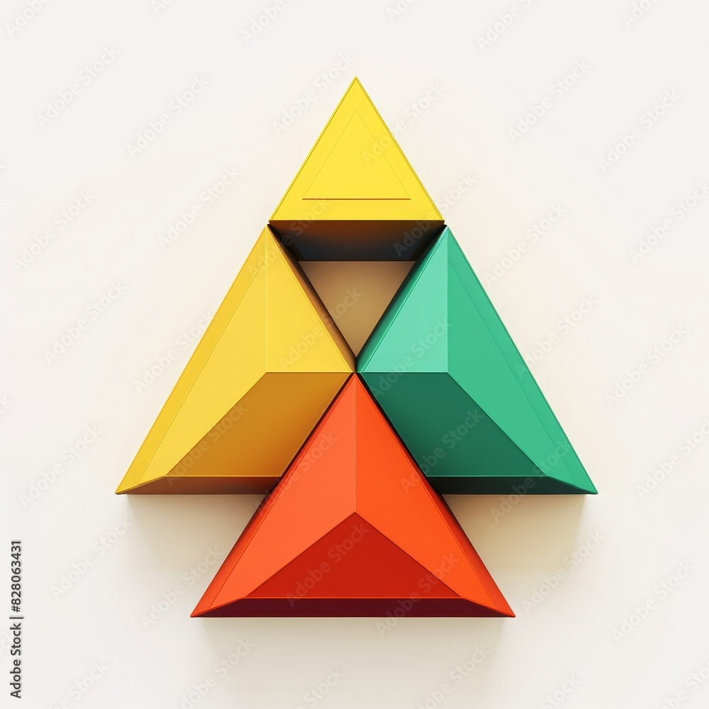 Poster geometric abstract art with colorful triangles arranged in a tree shape, vivid colors on a light bac