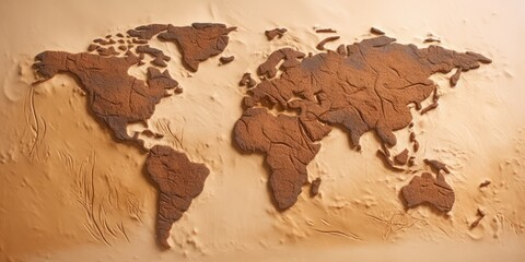 World map in cracked dry soil texture on orange or brown background. Environmental change and global warming concept. Design for climate awareness, earth conservation, geography education. AIG35.