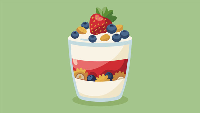 A proteinpacked yogurt parfait with layers of Greek yogurt fresh berries and homemade granola for a tasty and balanced snack option.. Vector illustration