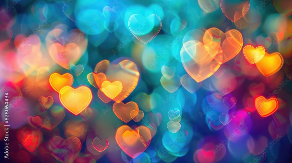 Poster blurred colorful background with heart shaped bokeh
