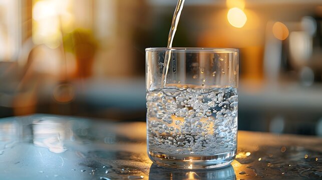Water being poured into a glass on a kitchen counter, closeup. The water in the cup is sparkling and clear, clean and refreshing.
