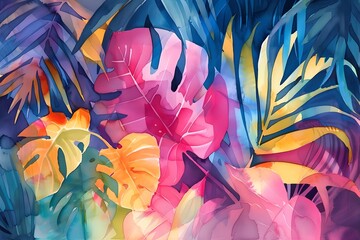A colorful painting of tropical plants with pink flowers. The painting is full of vibrant colors and has a lively, tropical feel to it