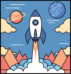 Rocket ship launched to the space illustrations
