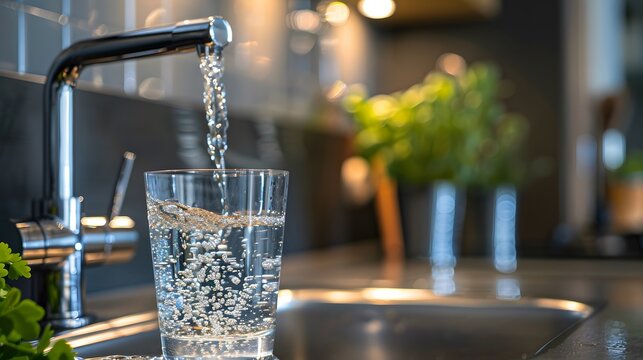 Water being poured into a glass on a kitchen counter, closeup. The water in the cup is sparkling and clear, clean and refreshing.
