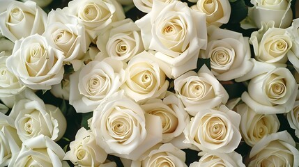 White roses background, white colored roses in the middle of the picture, a white colored rose bouquet, in the style of white color.
