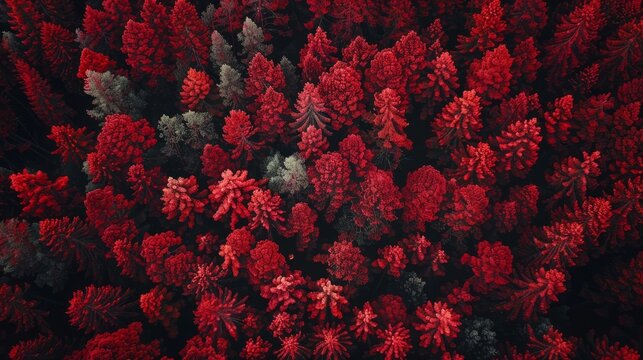 Aerial top view of red trees in forest. Drone view of dense red tree captures CO2. Red tree nature background for carbon neutrality and net zero emissions concept. Sustainable environment. 