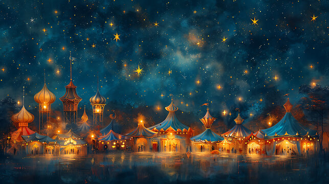 illustration of a magical carnival under the stars with colorful tents dazzling performers and enchanting attractions that captivate the imagination and spark wonder in the hearts of all who attend