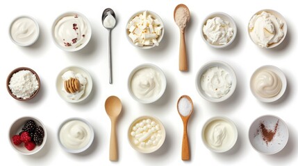 Fototapeta premium Yogurt presented in spoons and bowls against a white background a compilation