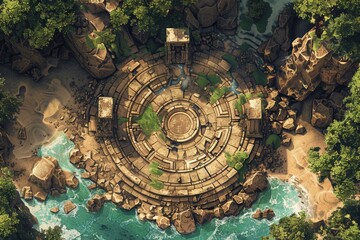 Fototapeta premium Ancient Arena on a Sinking Island, Top down View game map dnd
