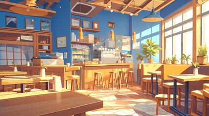 Illustration of a deserted cafe interior with a minimalist design in 2d format