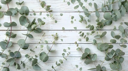 Eucalyptus branches and leaves on wooden rustic white background. Minimal background eucalyptus on white board.