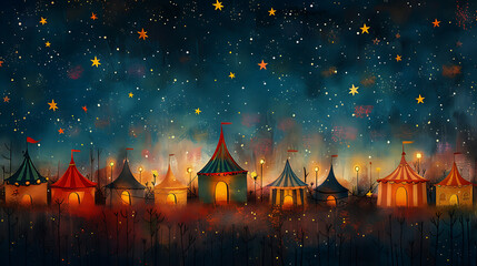 illustration of a magical carnival under the stars with colorful tents dazzling performers and enchanting attractions that captivate the imagination and spark wonder in the hearts of all who attend
