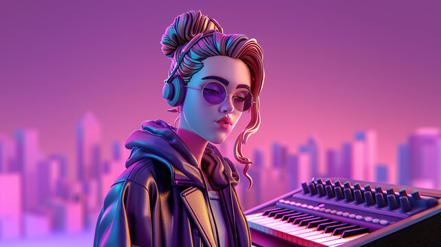 3D female character DJ producer with headset and synthetizer, lofi purple colors