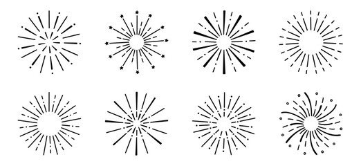 Obraz premium Fireworks, star burst doodle set. Festive fireckrackers, sunburst explosion, Sparkles in sketch style. Hand drawn vector illustration isolated on white background