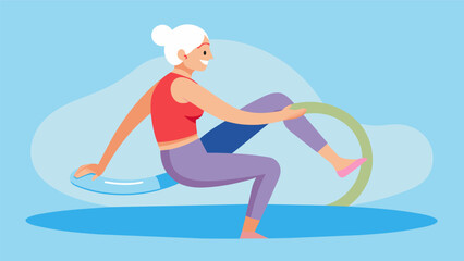 A closeup of a senior participant doing leg exercises with a pool noodle the water providing a cushion for their joints and making movements easier.. Vector illustration