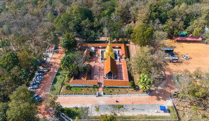 Aerial view of Wat Phra That Chom Tong temple is an archeological site of Phayao province, Thailand. You'll see the beautiful scenery of Kwan Phayao lake from here.