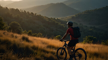 Cyclist Riding the Bike Down the Rock at Sunrise in the Beautiful Mountains on the Background. Extreme Sport and Enduro Biking Concept.
