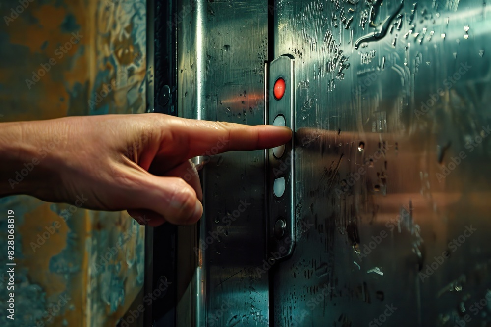 Poster a hand pointing at a red button on an elevator. scene is serious and focused