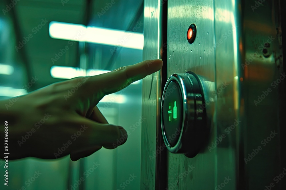 Poster a person is pointing at a green button on an elevator. the button is lit up