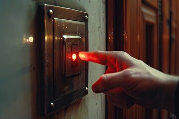 Naklejka premium A person is pressing a button with a red light on it