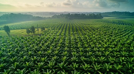 aerial view panorama of a vast oil palm plantation, emphasizing the orderly patterns of the palm trees and the contrast between the lush green of the palm leaves and the surrounding terrain.