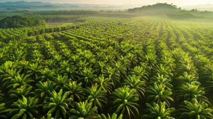 aerial view panorama of a vast oil palm plantation, emphasizing the orderly patterns of the palm trees and the contrast between the lush green of the palm leaves and the surrounding terrain.
