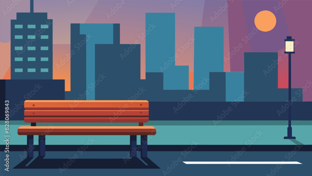 Poster A simple bench on the side of a busy street where a passerby can stop to take a deep breath and observe the city in motion.. Vector illustration