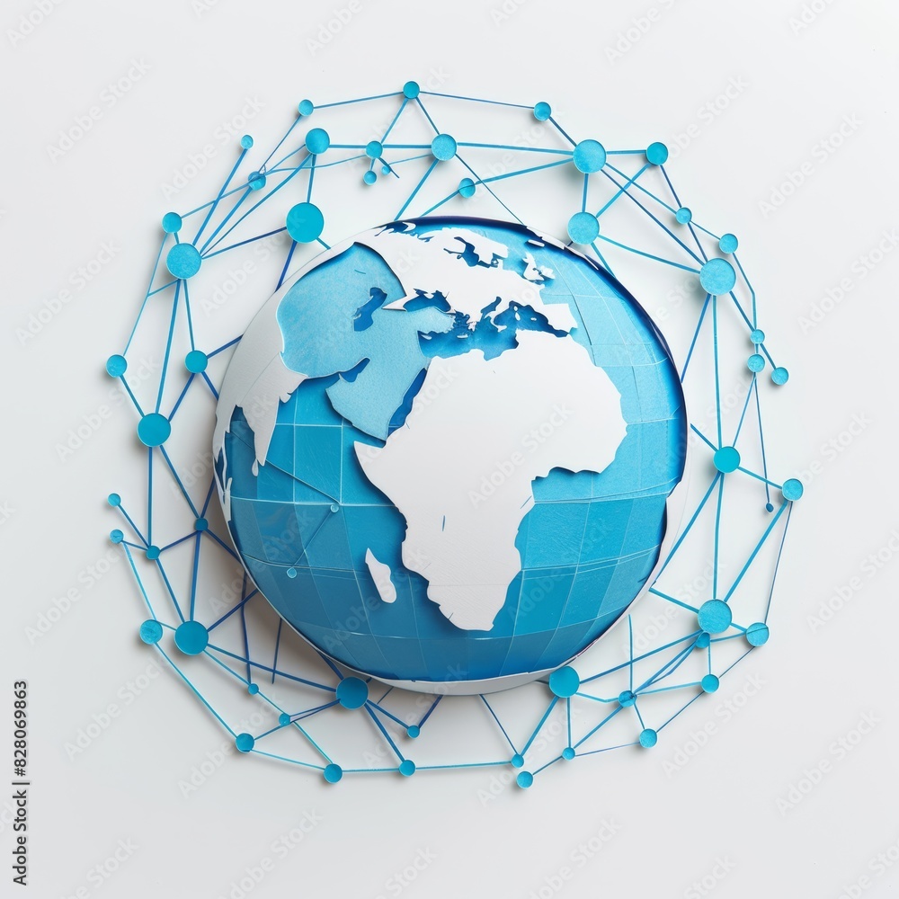 Poster globe in cut paper style with a network around it on white background