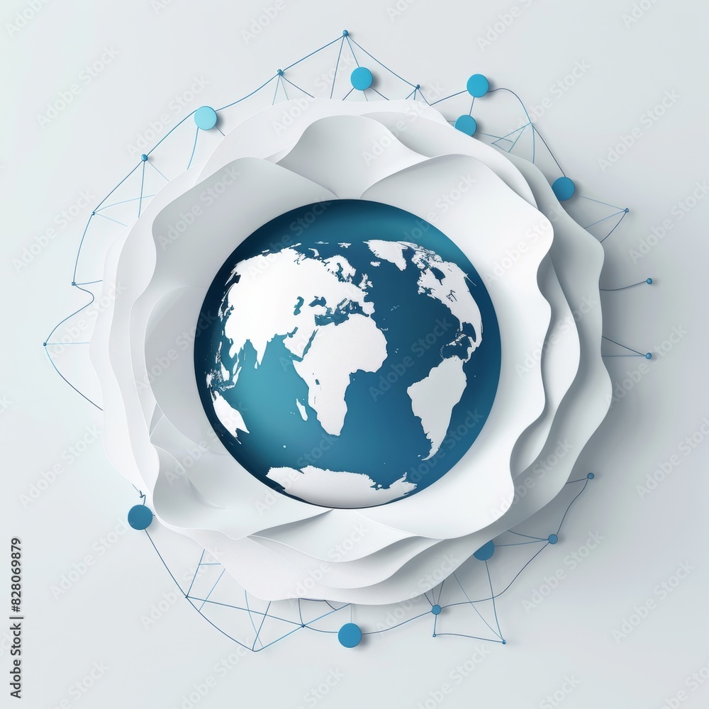 Poster globe in cut paper style with a network around it on white background