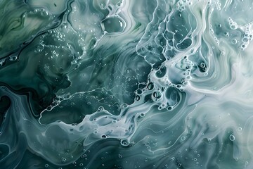 The image is of a body of water with a greenish-blue hue. The water is filled with bubbles and foam, giving it a lively and dynamic appearance. The bubbles and foam seem to be moving and swirling
