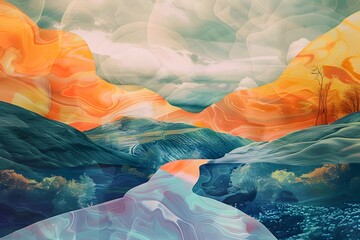 A painting of a mountain range with a river running through it. The colors are bright and the scene is peaceful