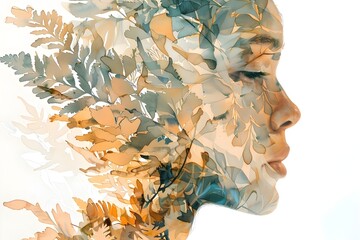 A woman's face is made of leaves and branches. The image has a dreamy, ethereal quality to it