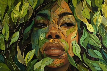 A woman's face is painted with leaves and vines. The painting is a representation of the woman's inner beauty and strength