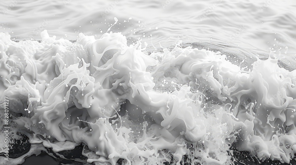 Poster a large wave crashing into the shore, with foam and spray everywhere. the water is white and frothy,