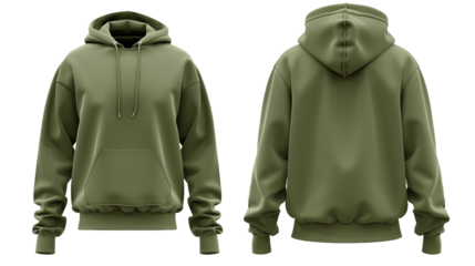 Khaki plain hoodie isolated, back and front view, PNG transparent background