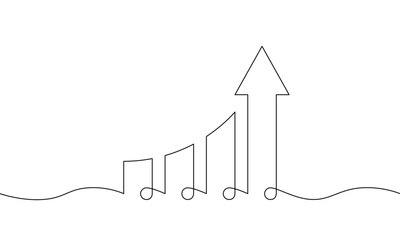 Bar chart with arrow up in continuous line drawing. Illustration vector of graph. Single line art of business growth. Object one line of increasing arrow © Rully J