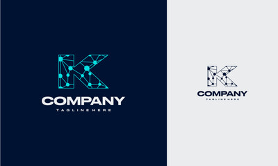 K initial letter with Molecule Technology Logo, Connect Dots Science,Modern Logo Design Vector