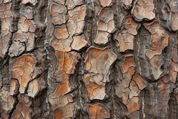 The bark of a tree is cracked and peeling, revealing the wood underneath
